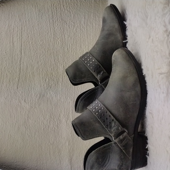 Sorel Lolla ll Quarry Gray Leather Strap Stud Chunky Heel Pull On Ankle Boot - Picture 4 of 16